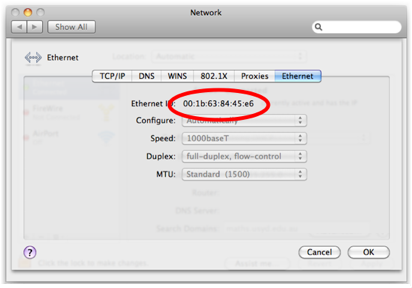 The MAC address is listed under the Ethernet or AirPort tab.