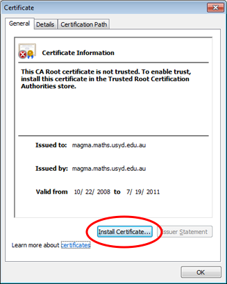 Certificate window.