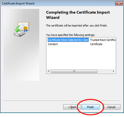 Completing the Certificate Import Wizard.